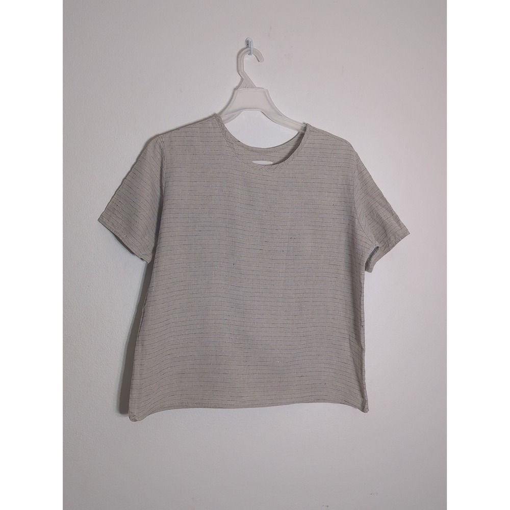 FLAX by Jeanne Engelhart Linen Striped Shirt Top Medium Quiet Luxury Old Money
